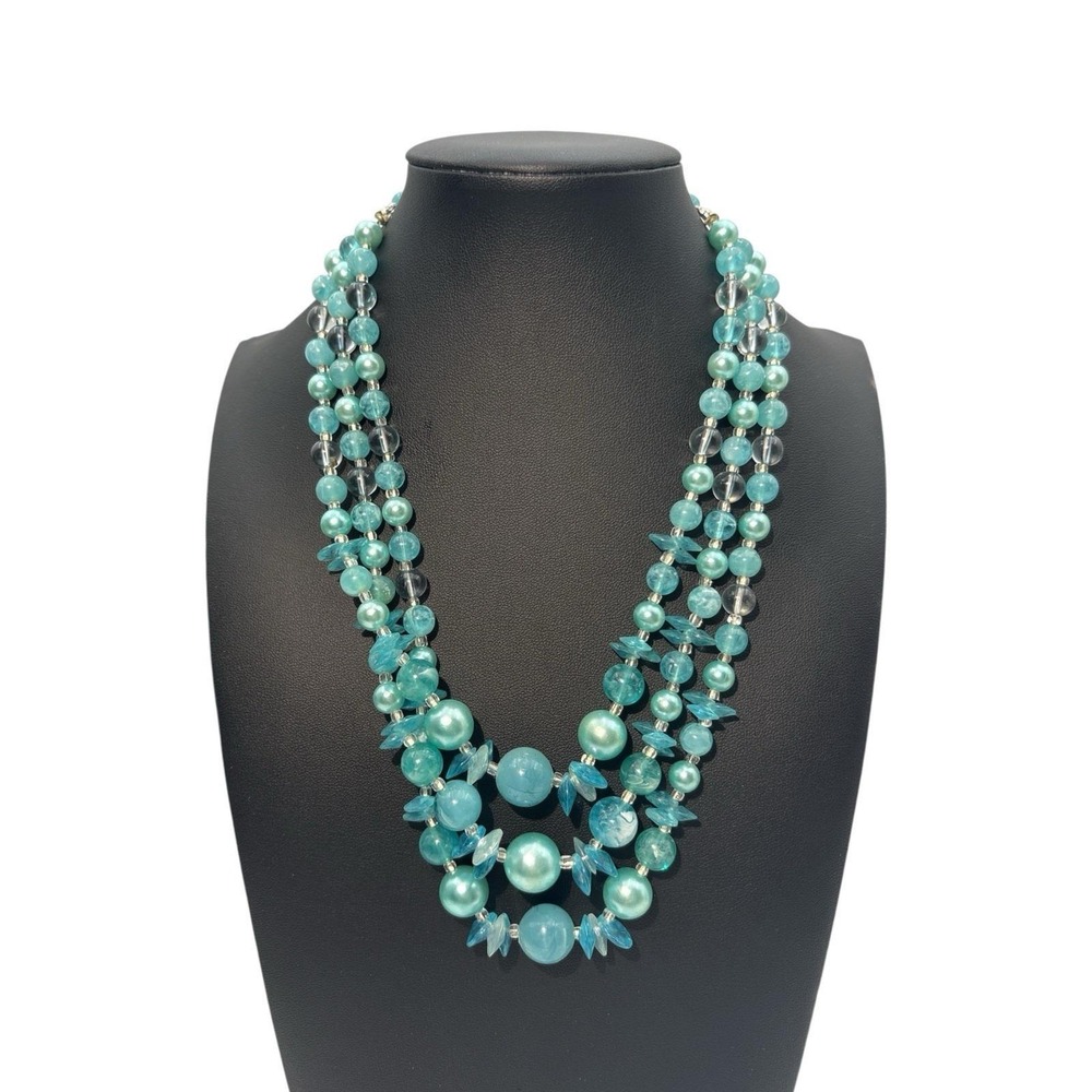 Vintage Signed Japan Aqua Blue Clear Beads Three Strand Necklace‎